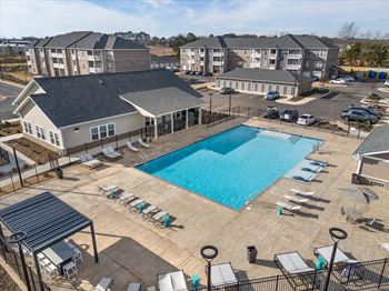 A large swimming pool surrounded by sun loungers and umbrellas at aurora apartments
